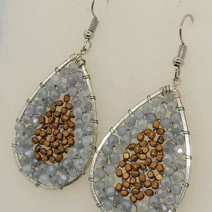 Earrings Light Blue/Brown Beads silver teardrop Hoop E_OT0007.